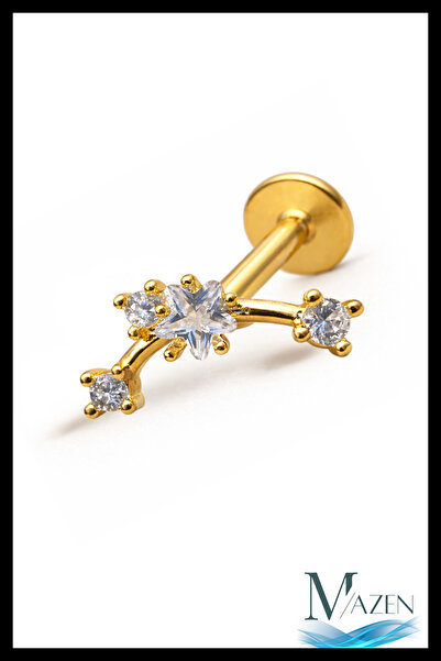 MAZEN Yıldız Taşlı Arkası Düz Piercing | 316L Çelik | Gold Renk | Tragus Heli...