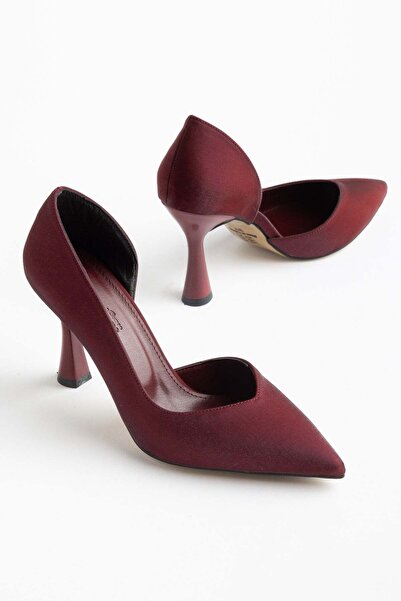 Dilimler Ayakkabı Büyük Beden Kadın İnce Topuklu Stiletto Bordo Parlak Saten Yan Açık
