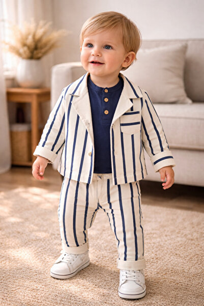 Uğur bebe Boy's 100% Cotton Striped Jacket Pants Set Stretchy Sweatshirt 3 Pi...