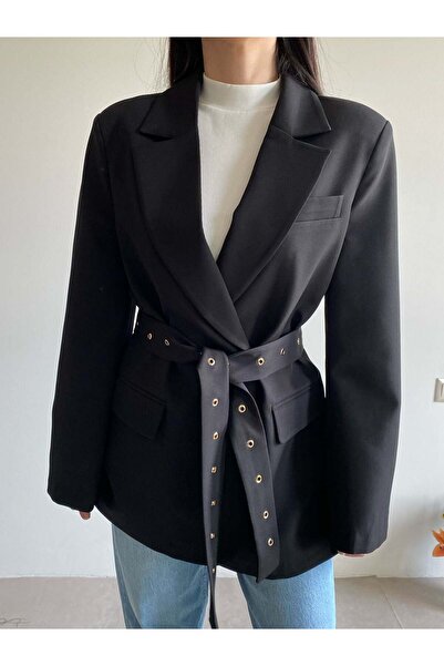 Bade Butik Jachetă neagră tip blazer cu cu detalii la mânecă curele
