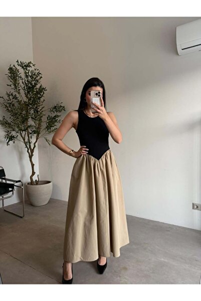 Bade Butik Μαύρο μπεζ φόρεμα πριγκίπισσας με μηδενικά μανίκια