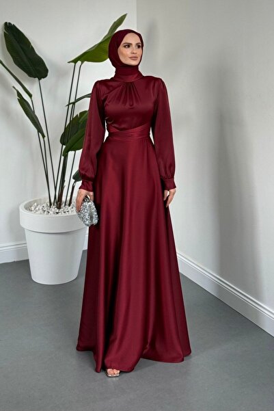 MERVEN AKYÜZ Ruby Grace Çapraz Saten Abiye Bordo