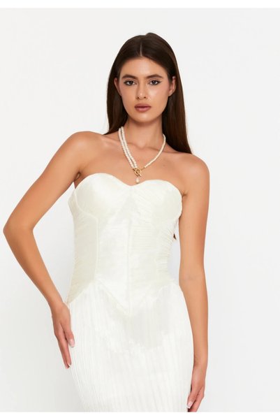 Ejolie Rochie lungă elegantă alba plisată tip corset pentru evenimente speciale –