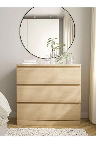 Rual Modern Meşe Ahşap Renk İskandinav Tarz Şifonyer 3 Çekmeceli ( Ayna Hariç...