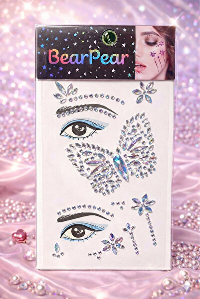 BearPear Kelebek Kristal Işıltılı Yüz ve Vücut Taşları Beyaz Düş