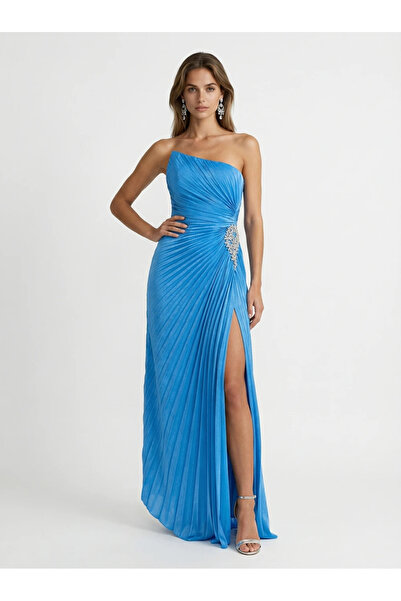 Ejolie Rochie lunga albastru Franca cu un umar, plisata, cu aplicatie decorat...