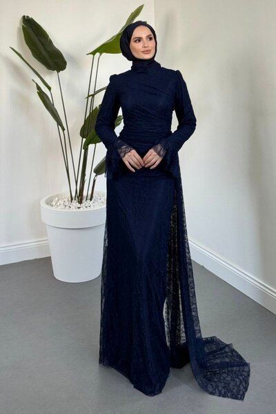 MERVEN AKYÜZ Dolphin Dantel Kolu Fırfır Abiye Lacivert