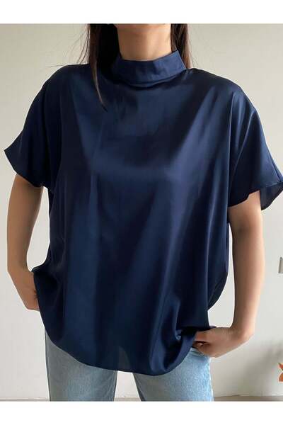 Bade Butik Navy Blue Bat Sleeve Satin Blouse