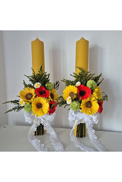 Yellow Tulip set lumanari nunta/cununie, ceara naturala 40x5.5 cm, flori sola...