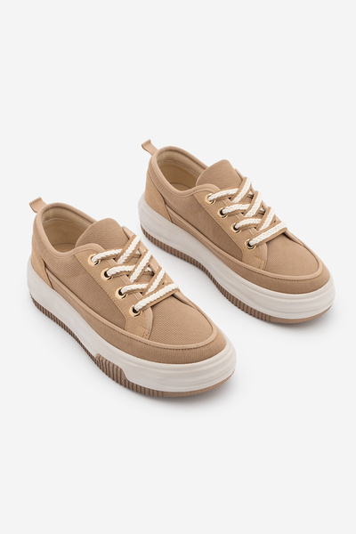 Marjin Women's High Thick Sole Sneakers Lace-Up Sports Shoes Hesna Camel Linen