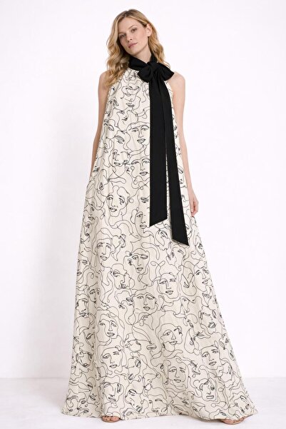 ALYEL NAKER Shawl Tie Detail Maxi Length Face Prints Patterned Casual Dress