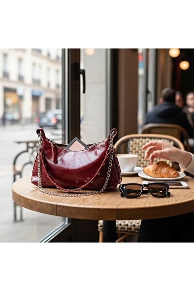 FURMELİA WOMAN Kadın Bordo Parlak Zımba Detaylı Omuz Çantası - Zincir Askılı ...