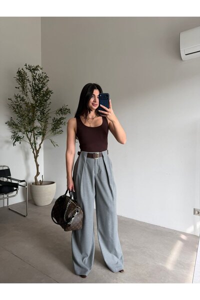 Bade Butik Țesătură gri, pachet de curea pantaloni palazzo