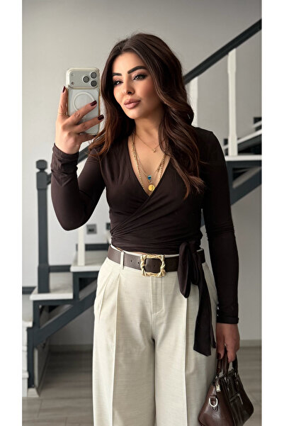 Oslove Bitter Brown Double-Breasted Tie-Detail Blouse