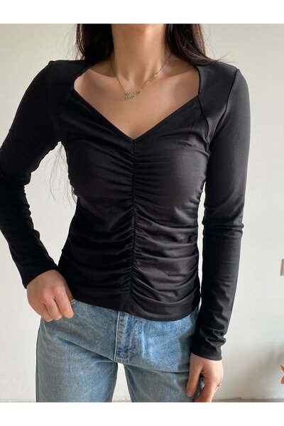 Bade Butik Black Ruched V-Neck Long Sleeve Blouse