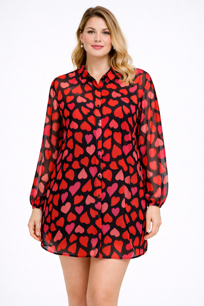 Şans Women's Bük Size Black, Heart Patterned , Elasticated Sleeves, Chiffon L...