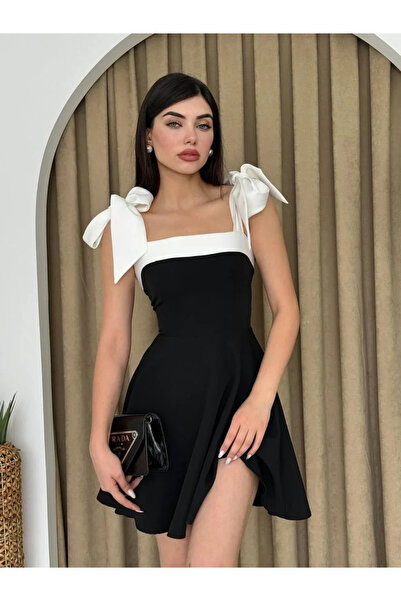 bysoca Rochie de seară mini scurtă pentru femei, negru-alb, cu fundă la umăr,...