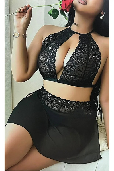 Bleu Petite Black Plus Size Floral Print Skirted Bra Set