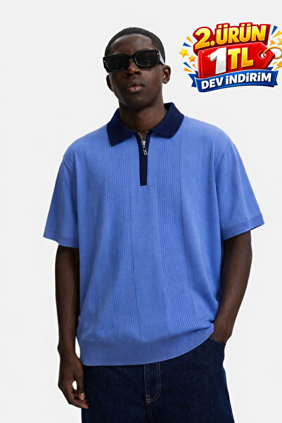 DAMGA JEANS Ανδρικό μπλουζάκι Ριγέ Relax Fit με μπλε γιακά πόλο