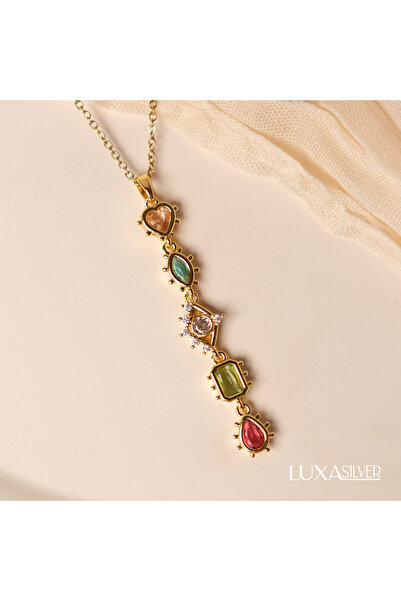 luxa silver jewellery Y Kolye / Renkli Zirkon Taşlı Gold Yüksek Çelik Kolye /...