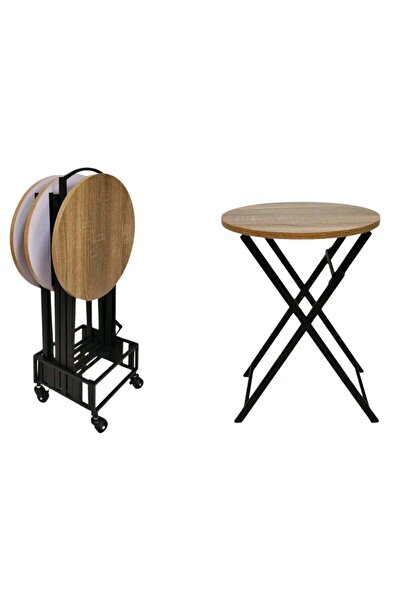 AZOZ MERCHLY Round Wooden Table Set, 4 Pieces, With Black Iron Stand