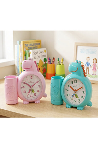 Flower Toys Kız Erkek Çocuk Kalemlikli Masa Saati Analog Dinazor Figürlü Masa...