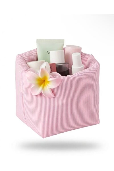 Lulishop Ροζ ριγέ υφασμάτινο καλάθι οργάνωσης μακιγιάζ