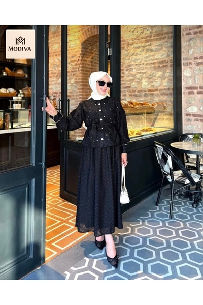 MODİVA MİX New Season!!! Stone Embellished Belt Detailed Cutout Chiffon Skirt Hijab Suit