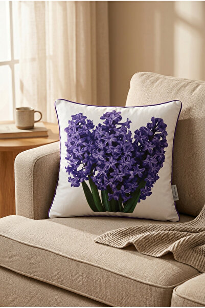Rayda Home Decorative Hyacinth Flower Printed Piped Detail Digital Print Flor...