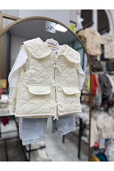Bebecci Kız Bebek 3’lü Kombin Set: Kalp Kapitone Yelek, Sweatshirt ve Taşlı J...