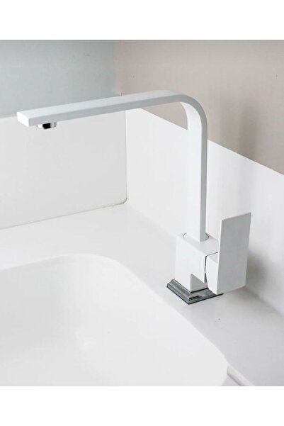 banyosepeti White Kitchen Faucet White Sink Tap Square Modern Design Brass