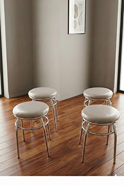 DZGN HOME 4'lü Tabure Krom Ayaklı Kumaş Kaplama - Krem