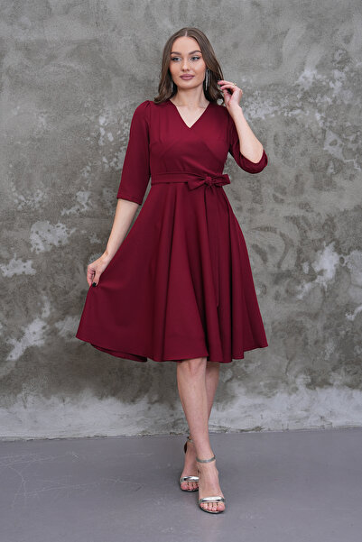 MAG FASHİON Truvakar Sleeve Burgundy Large Size Evening Dress Skirt Flared Do...