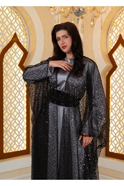 DADO BELLA Gri Payetli Boncuklu Kuşaklı İkili Abaya