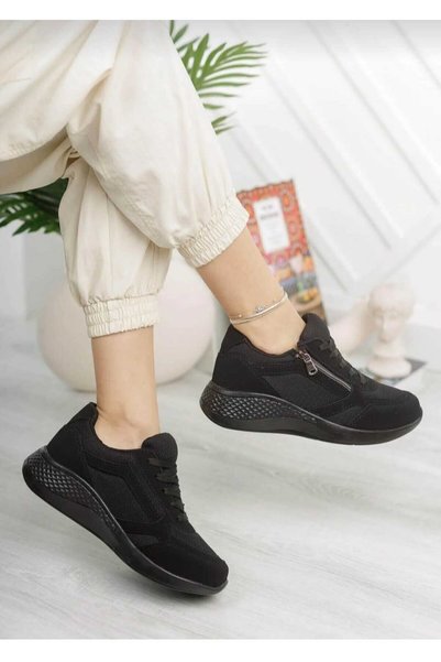 Ayakkabı Ülkesi Black Full Orthopedic Side Zippered and Laced Walking Daily Women's Sports Shoes