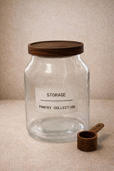 SUELF CO Acacia Lid Glass Storage Jar (with Measuring Spoon / 3000 ml)