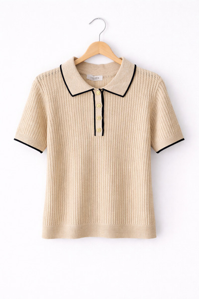 LUNERASTİL Bej Polo Yaka Triko Bluz