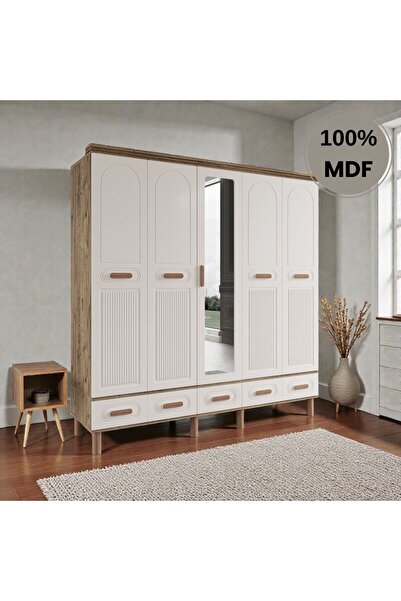 Flances Pera 5 Kapaklı MDF Çekmeceli Aynalı Ayaklı Gardırop