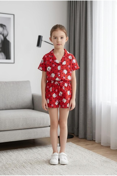 ARBİ kids Girl's Hello Kitty Buttoned Short Shorts Pajama Set