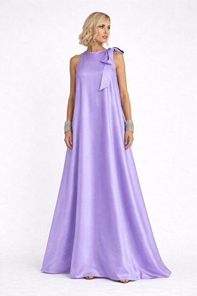 ALYEL NAKER One Shoulder Bow Detail A-Line Stylish Maxi Satin Dress