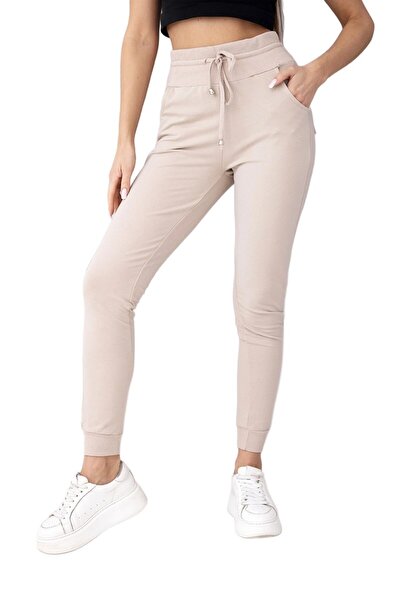 Kesi Pantaloni de trening din bumbac pentru femei, cu talie înaltă și legătur...
