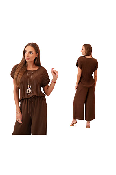 Kesi Set elegant de damă din viscoză maro cu garnitură aurie