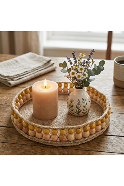 dyris Ahşap Boncuklu Dekoratif Tepsi 30 cm – Bohem Jüt Halatlı Yuvarlak Sunum...