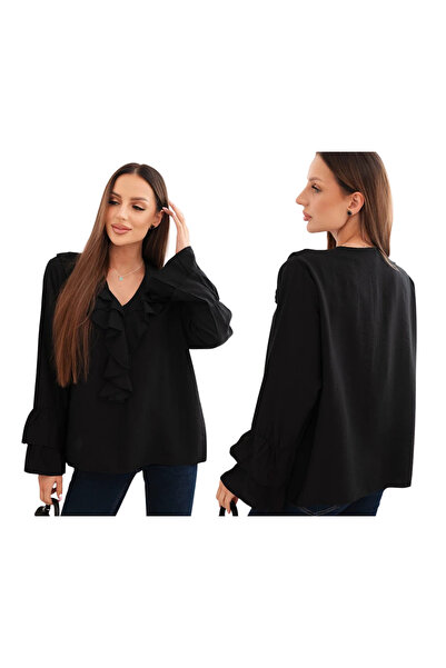 Kesi Women's Viscose blouse with Ruffled and long sleeves, black