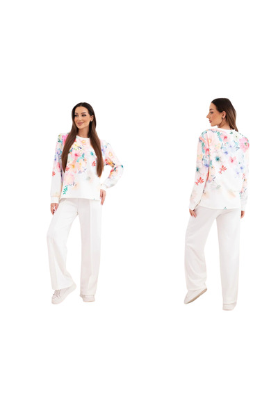 Kesi Set de bluză albă cu imprimeu floral și pantaloni cu croi larg pentru fe...