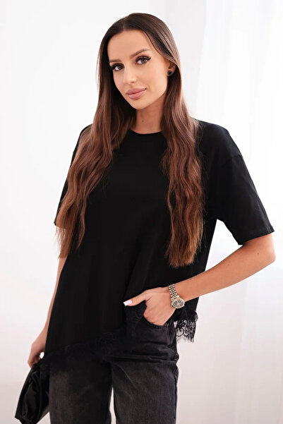 Kesi Women's asymmetrical Cotton blouse with Lace at the bottom, black