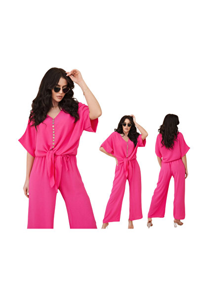 Kesi Set roz pentru femei: bluză cu nasturi și pantaloni cu croi larg