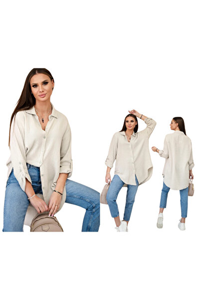 Kesi Cămașă supradimensionată din muselină de bumbac bej închis pentru femei