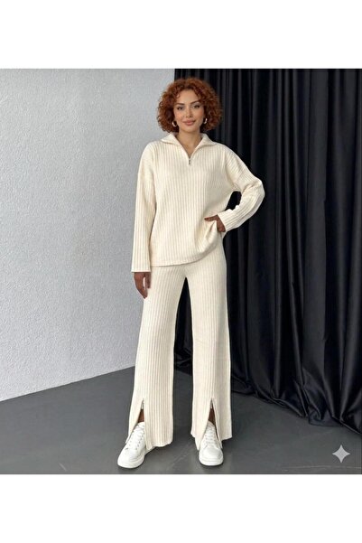 MADAM PARS Women's Black Zip Detail Corded Fabric Half Turtleneck Top and Bot...