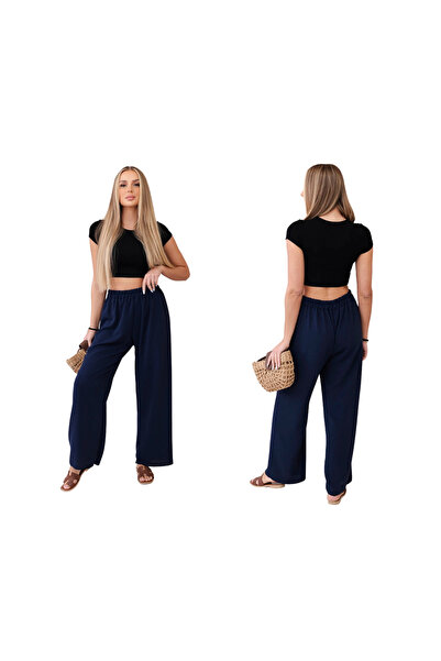 Kesi Pantaloni de damă bleumarin din viscoză, cu croi larg, talie elastică